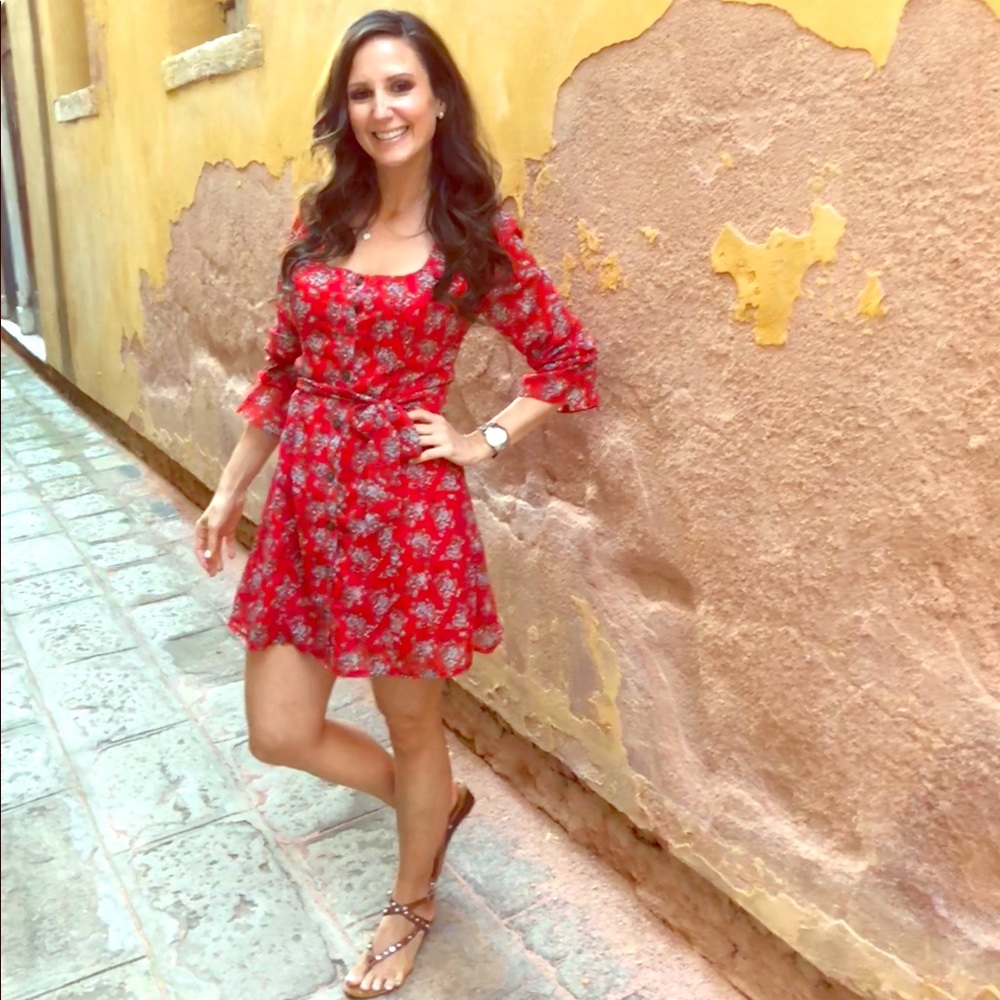 Red Flirty Long Sleeve Floral Dress